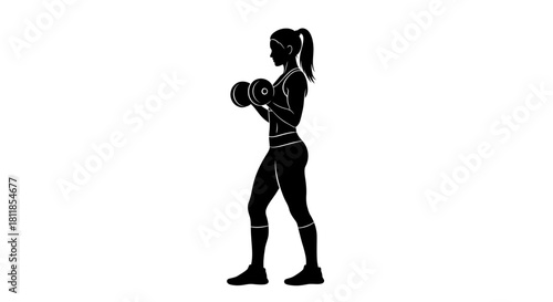 Silhouette of a fit woman performing bicep curls with dumbbells.