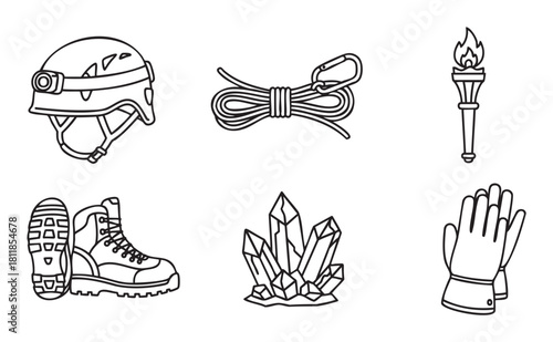 Set of black and white line art icons for caving and exploration, featuring a helmet, rope, torch, boots, crystals, and gloves
