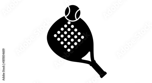 Black and white illustration of a padel racket with a ball on top, ready to play.