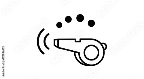 A simple black line icon of a whistle blowing, with sound waves and air particles.