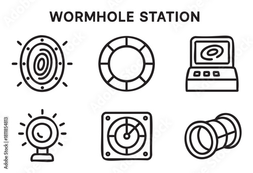 Collection of six science fiction themed line art icons representing futuristic technology like a portal, scanner, computer, and tunnel
