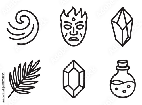 Set of minimalist black line art icons representing magic, nature, and fantasy elements, including a tribal mask, crystals, a potion bottle, a leaf, and a wind swirl symbol