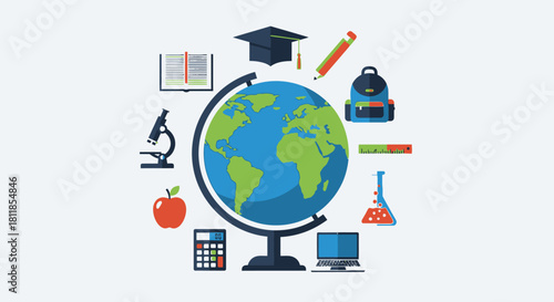 A globe surrounded by various educational and scientific icons, representing global learning and knowledge.