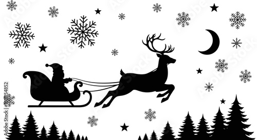 Black silhouette of Santa Claus and his reindeer flying over a forest under a crescent moon with snowflakes.