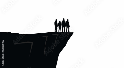 Silhouette of four people standing together on a cliff edge.