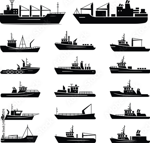 cargo ship silhouette, fishing boat silhouette, naval vessel, transport ship, marine fleet design, cad drawing flat vector illustration
