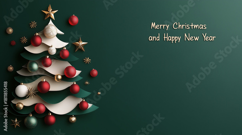 A beautifully decorated Christmas tree on a rich green background, adorned with red and white balls and sparkling golden stars, featuring the text ‘Merry Christmas and Happy New Year ’