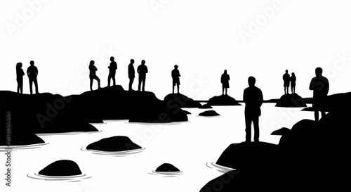 Silhouetted Figures on Rocky Outcrops - A Gathering by the Water.