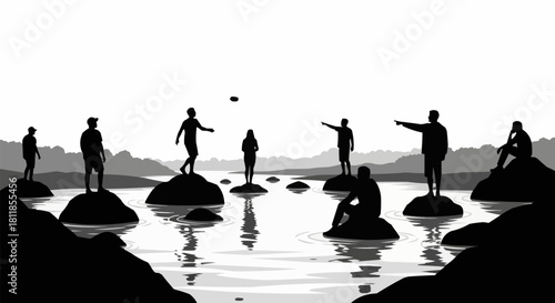 Silhouetted figures enjoy leisure activities on rocks in serene water.