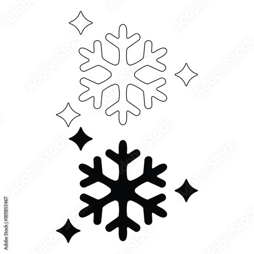 Outline and solid black and white icon set of snowflake with sparkle isolated on white background