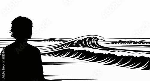 Silhouette of a person looking at the ocean waves.