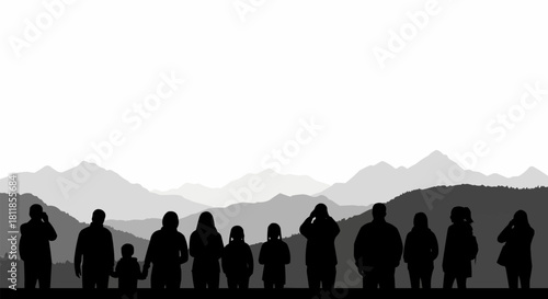 A diverse group of people standing together as black silhouettes.