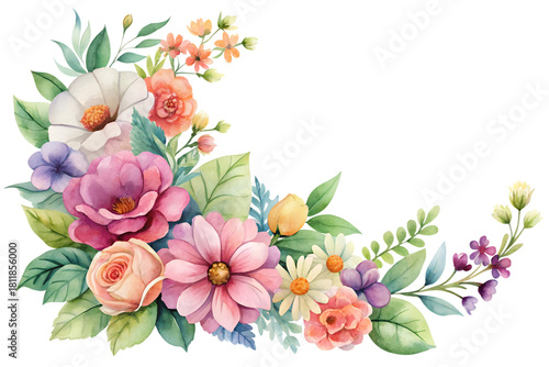 Beautiful watercolor floral corner arrangement with pink, purple, white, and orange flowers and green foliage, isolated on transparent background