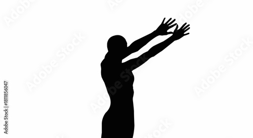 Silhouette of a person reaching upwards with both arms extended.