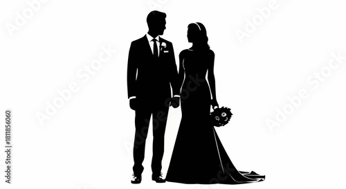 Elegant black silhouette of a bride and groom standing together.
