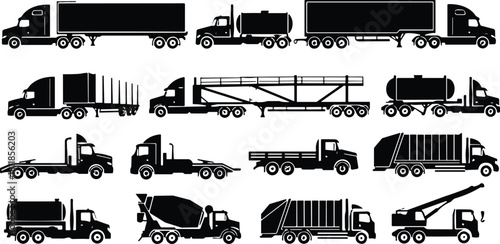 Truck silhouette collection, cargo transport vehicles, heavy duty lorry, construction trucks, tanker trailer, logistics fleet, cad drawing flat vector illustration