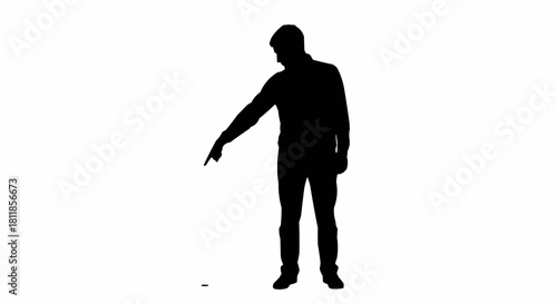 Black silhouette of a man standing and pointing downwards.