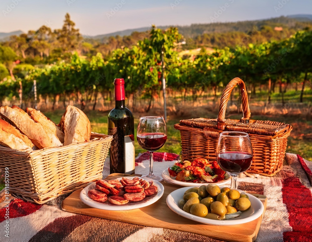 Naklejka premium Spanish picnic with red wine and food in vineyard
