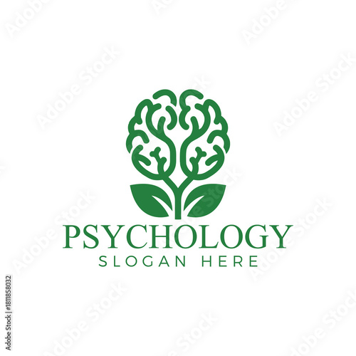 Brain shaped like a growing tree with leaves, representing mental health, cognitive function, and psychological development, isolated on white background