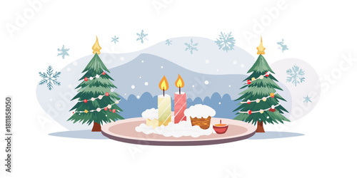 A cozy winter scene featuring handcrafted snow-covered Christmas trees, delicate snowflakes, and a candle on a white plate. Deep, rich lighting creating a warm and inviting atmosphere. Focus on intr.