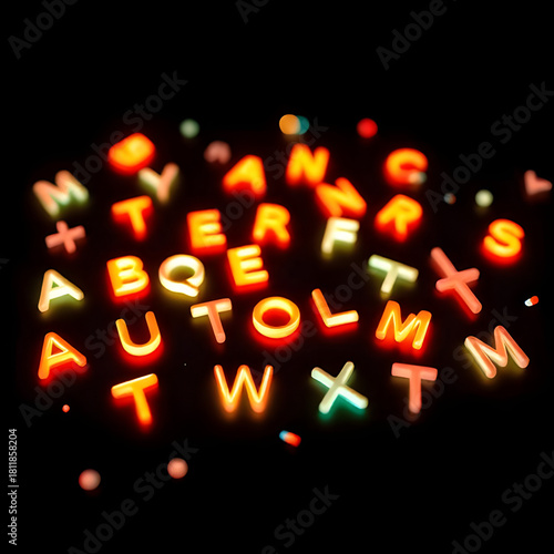 Neon 3D Letters with Glow Effect on Dark Matte Background, Copy Space