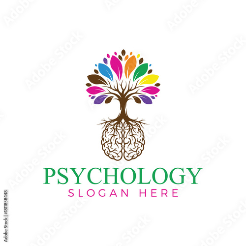Colorful tree of life growing from a human brain illustration representing psychology growth and mental development isolated on white background