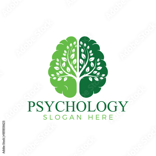 Green tree growing inside a human brain silhouette symbolizing mental health and natural psychology concept isolated on white background