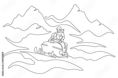 Continuous single line drawing snowmobile ride. Driver on a snowmobile against the background of mountains.Linear . One continuous line isolated minimalist illustration. Not AI.