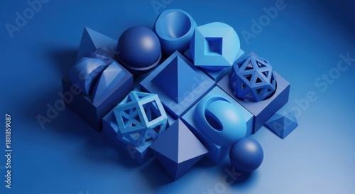 Fototapeta Naklejka Na Ścianę i Meble -  Monochromatic abstraction of geometric solids in shades of blue and cyan rendering