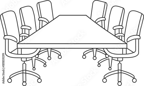Minimalist boardroom setup, line art illustration of conference table with office chairs, isolated on a white background