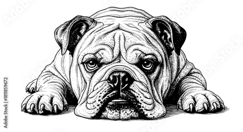Detailed Engraving of a Bulldog Resting Peacefully on a White Background: A Classic and Timeless Animal Portrait for Veterinarian Offices, Pet Product Marketing, and Educational Materials, Showcasing
