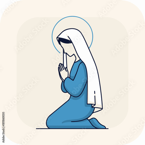 Praying virgin Mary in minimalist art style showcasing kneeling woman and folded hands. Praying woman reflects devotion and grace in soft blue robes, embodying spiritual piety.