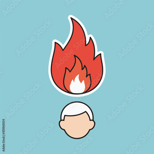 Burning head illustration with symbolic flame over head. Burning head graphic on blue background emphasizes feeling stress. Hot burning head concept for burnout, emotion expression,