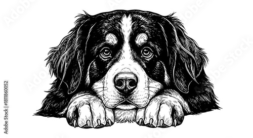 Majestic Bernese Mountain Dog Portrait Illustration Resting Paws in Detailed Black and White Sketch Style on White Background, Perfect for Pet Lovers, Veterinary Use, Wall Art, Home Decor, Design, and