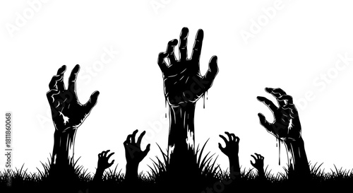 Zombie Hands Rising from Grave at Night: Halloween Horrors and Apocalyptic Nightmare Illustration Concept for Spooky Season Events, Supernatural Tales, and Dark Fantasy, Silhouette Style Graphic Desig