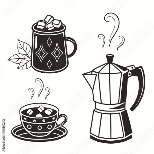 Coffee cup set on white background with teapot and breakfast items