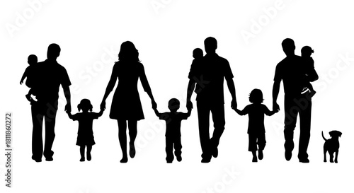 Silhouette Family Walking Together with Puppy - Parents Holding Hands with Children in Dark Outline Illustration on White Background Depicting Togetherness, Love, and Support for Generational Lifestyl
