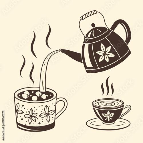 Cup of coffee and tea with teapot vector illustration of hot drinks in mugs and cups