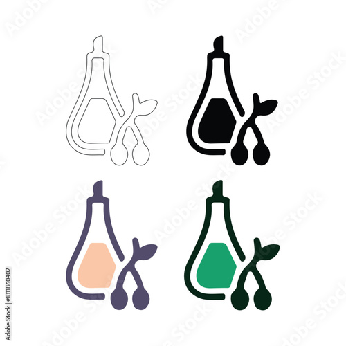Four style variations of a bottle icon with cherry or berry branch, isolated on white background white background