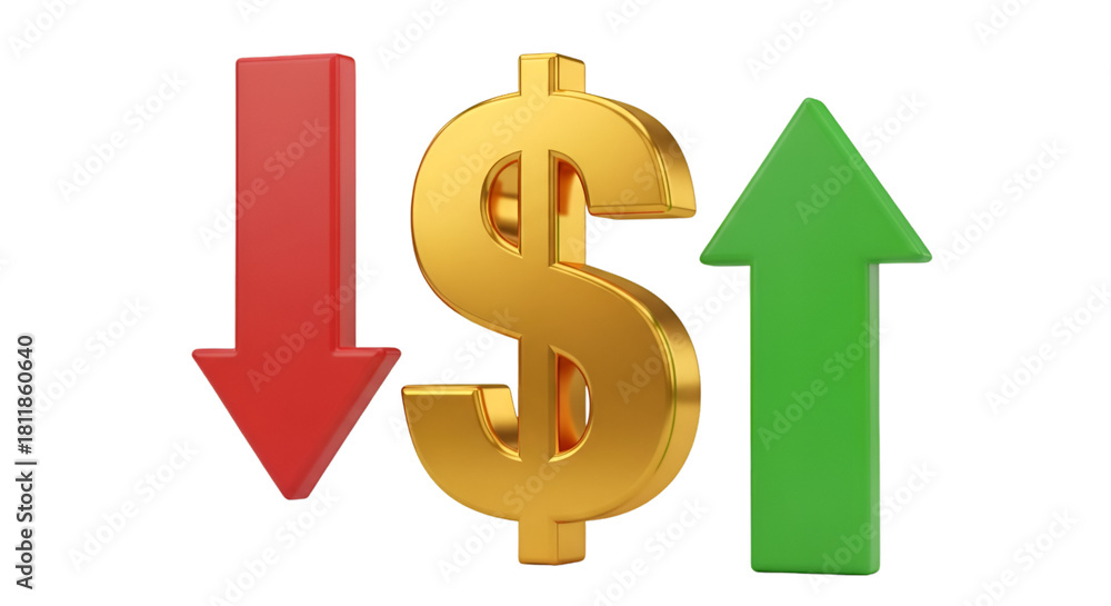 Fototapeta premium Gold Dollar Sign with Red Down Arrow and Green Up Arrow