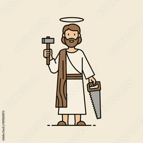 Religious Saint Joseph with halo carrying carpenter tools. Saint Joseph stands holding saw and hammer, in robe, and brown sash. Religious Saint Joseph for religious teaching or religious celebration.