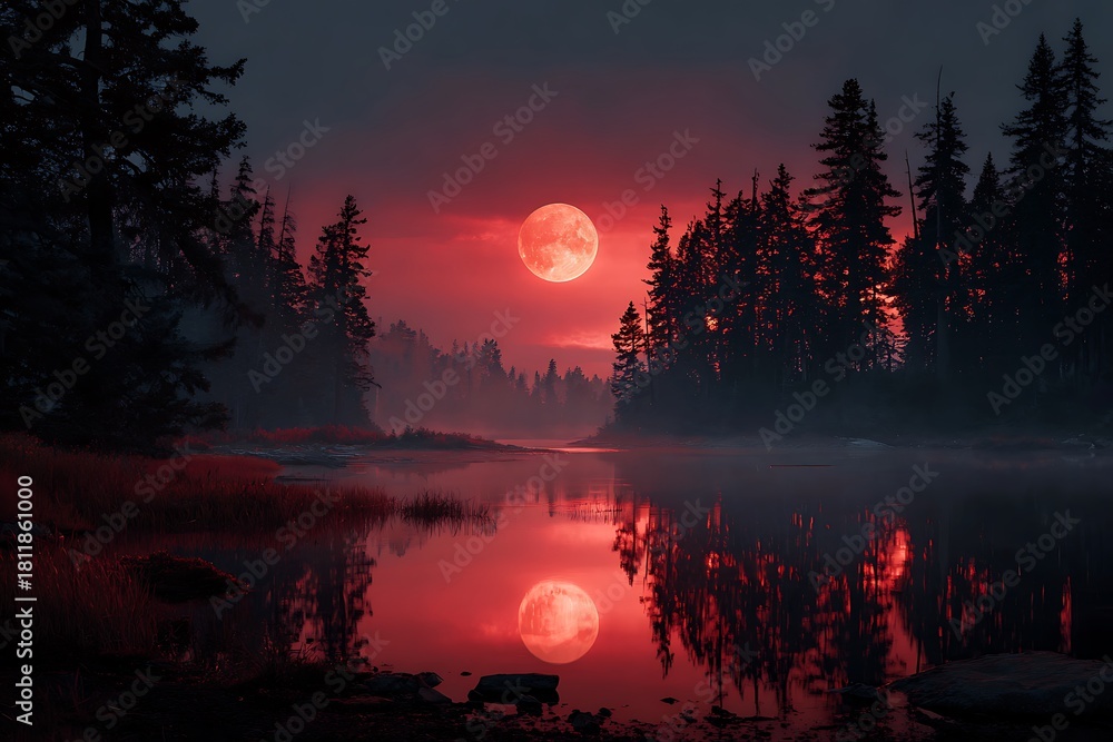 Fototapeta premium a glowing red moon above lake