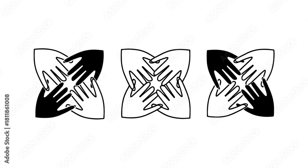 Fototapeta premium Four Hands Joining in Unity: Illustrating Collaboration, Partnership, and Support in Business and Healthcare Settings with Diverse Hands in a Symbol of Teamwork and Cooperation on a Clean White Backdr