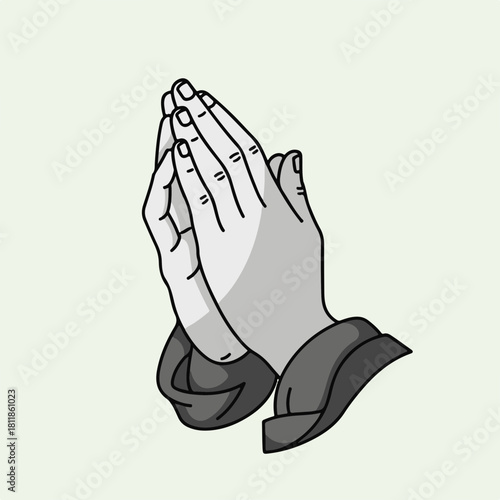 Praying hands illustration in monochrome style, showing gesture with hands together in supplication. Praying hands symbolize reverence, faith, and hope. Conceptual praying hands for religious art.