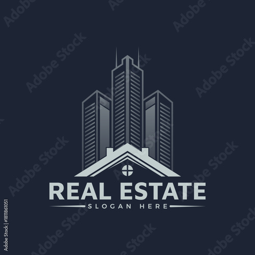 Monochromatic real estate logo featuring a silhouette of modern skyscrapers rising above a house roofline, conveying urban property and corporate presence on a dark background