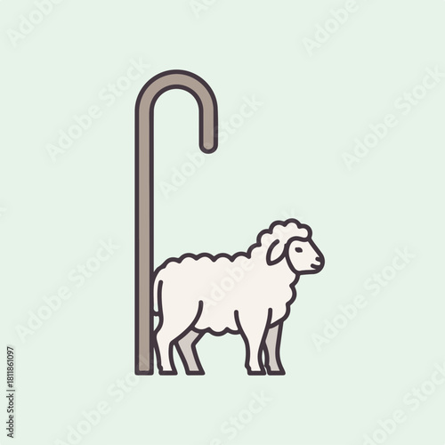 Minimalist sheep illustration with a shepherd's crook, showing wooly mammal with curved staff. This sheep illustration represents classic religious symbolism and traditional pastoral scenes.