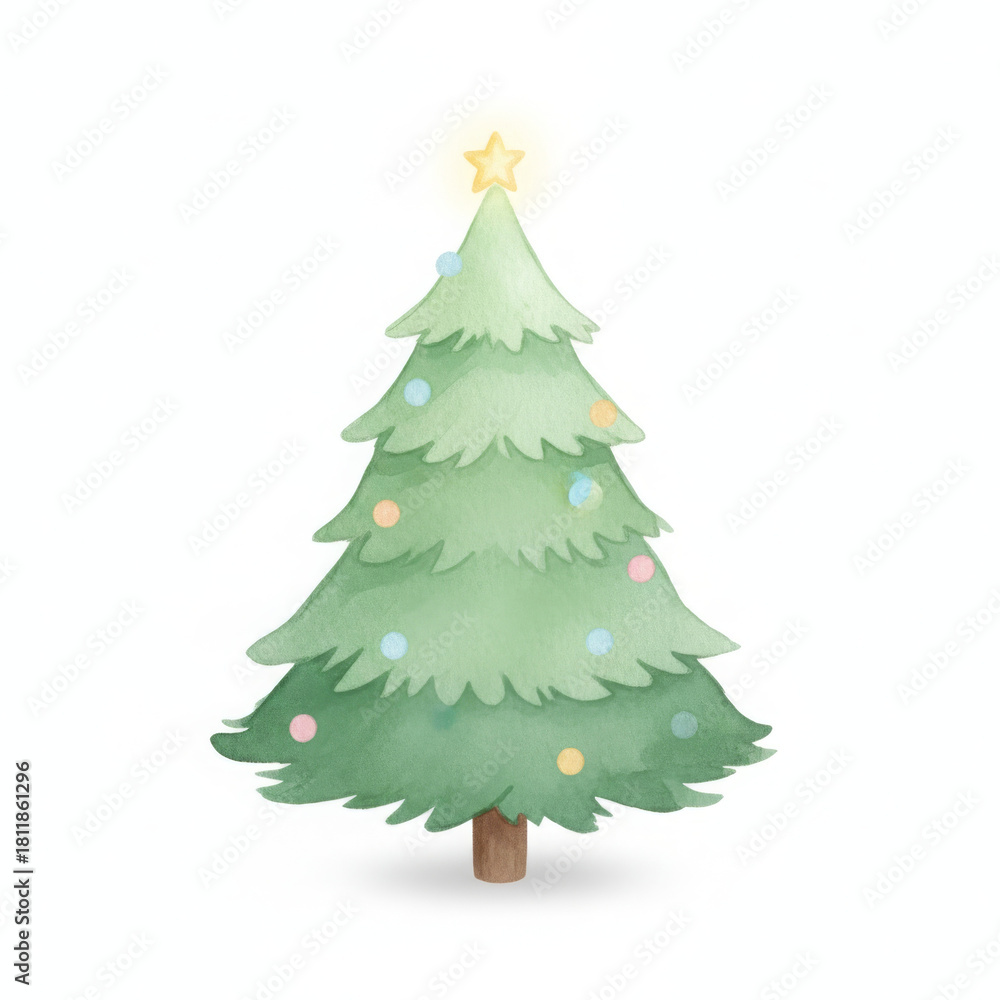 Fototapeta premium Cheerful watercolor Christmas tree stands adorned with colorful lights and golden star, celebrating festive spirit of winter holidays. This lovely illustration evokes joy and warmth, perfect