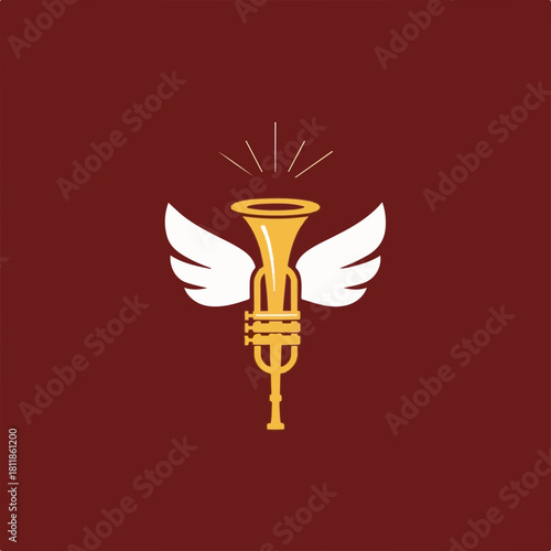 Isolated winged trumpet on maroon background for music enthusiasts. Winged trumpet illustration conveys artistic expression, embodying jazz culture and music appreciation.