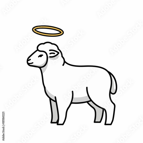 Lamb with halo isolated on pure white backdrop, sweet and adorable lamb with halo symbolising innocence and gentleness, perfect for spiritual design projects.