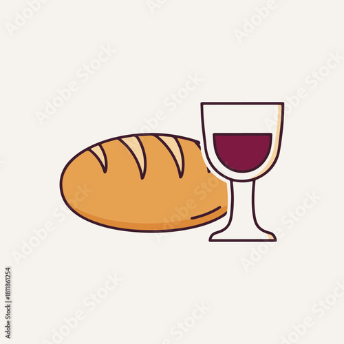 Depicting first communion icon, wine and bread set represents religious sacraments. First communion icon symbolizes spirituality, faith, and Christian values.
